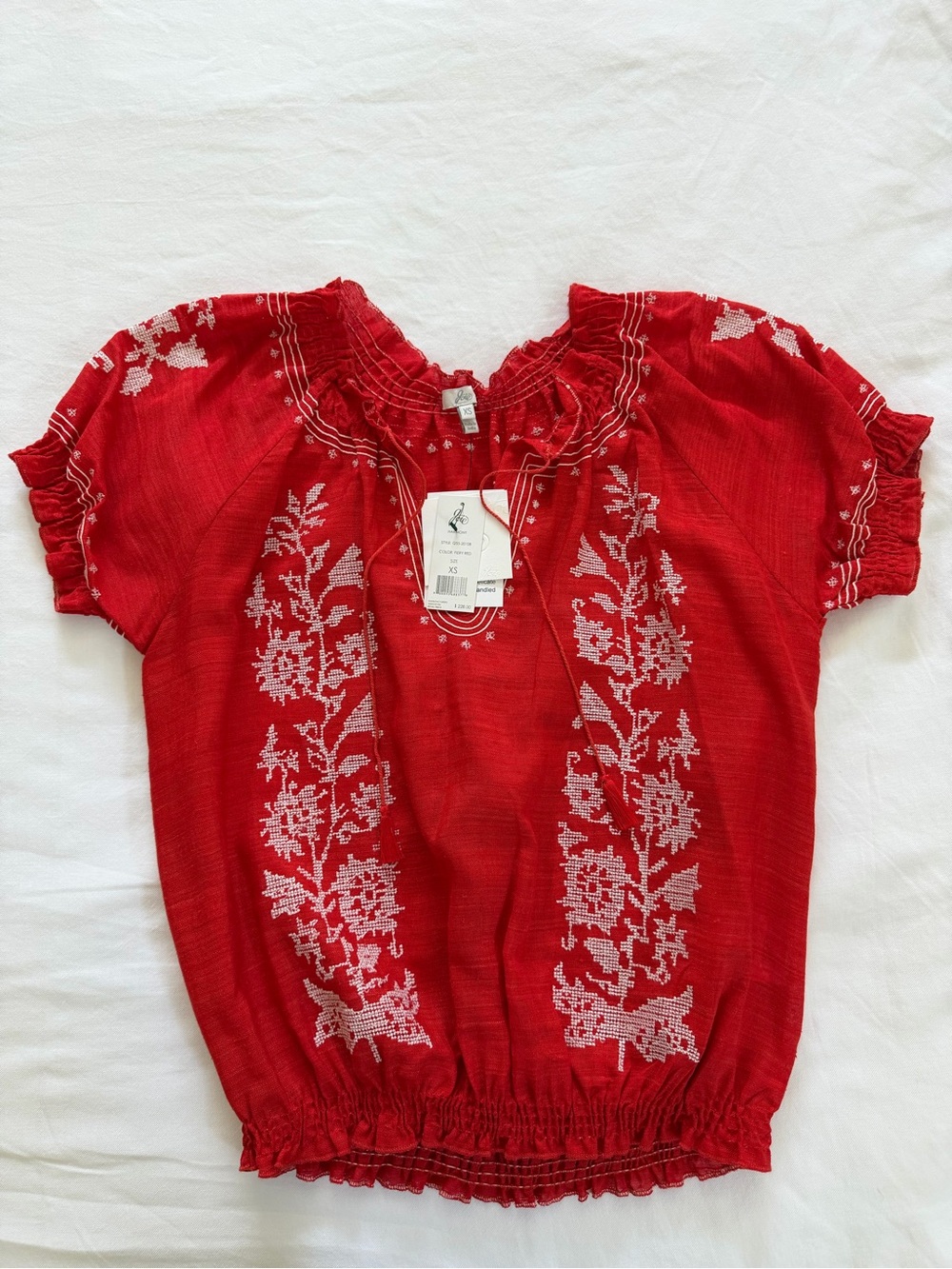 Joie Fiery Red Embroidered Peasant Blouse